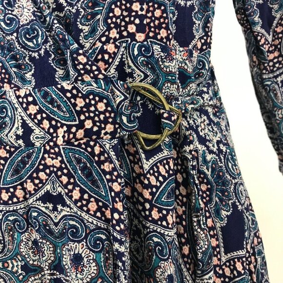 EXPRESS Boho Paisley Print Long Sleeve Belted V-Neck‎ Mini A-line Dress 70s - Picture 4 of 7